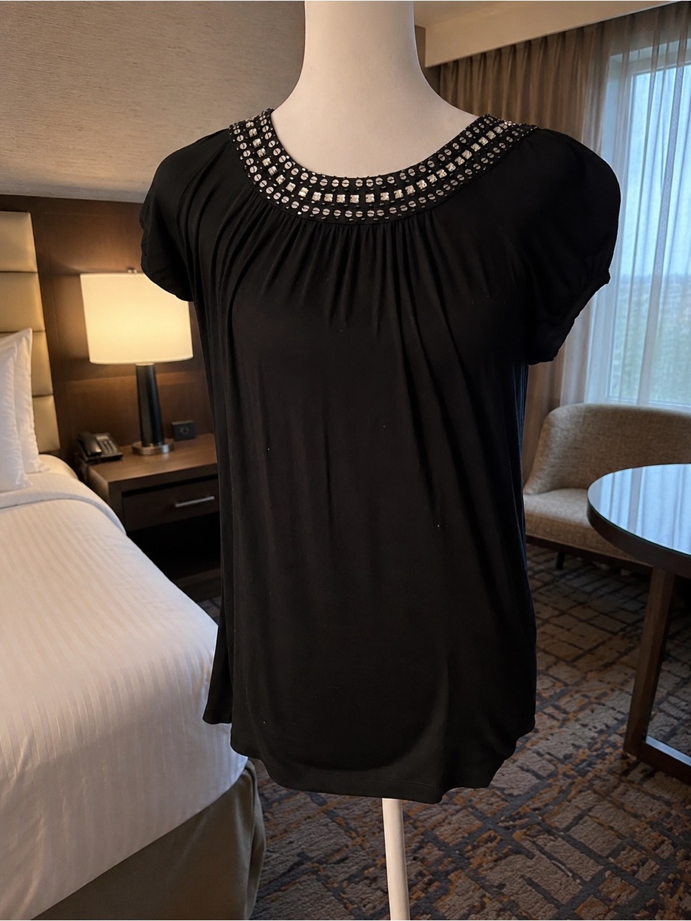 Black Short-Sleeve Top with Embellished Scoop Neck